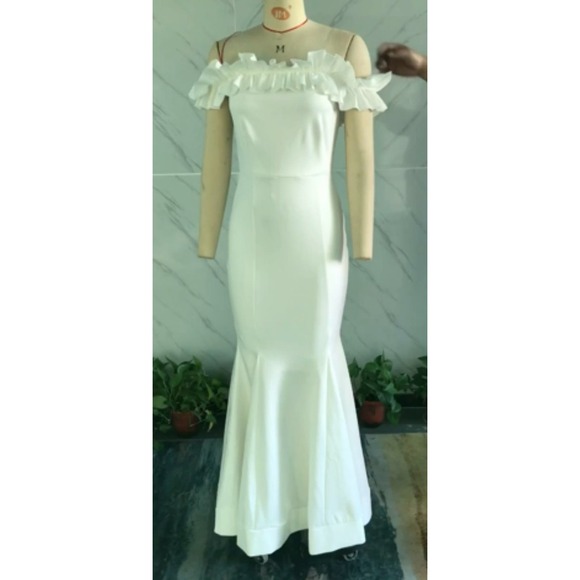 Cololura Sexy Long Off Shoulder Ruffles Stringy Selvedge Mermaid Bodycon Dress - Picture 12 of 15